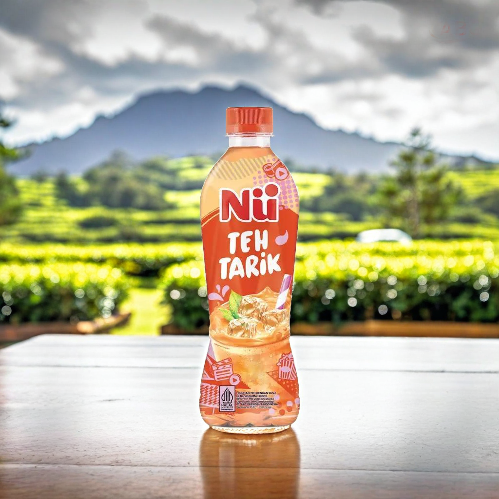 On a wooden table with a tea garden and mountain background, featuring a shallow depth-of-field effect.