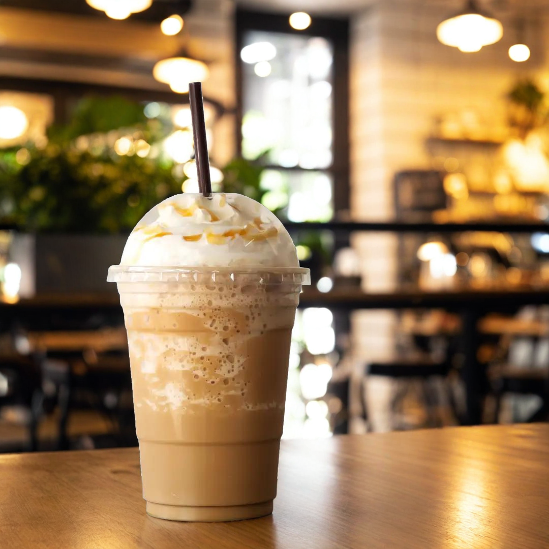 ditempatkan di atas meja kayu dengan latar belakang suasana kafe modern, pencahayaan hangat, dan dekorasi tanaman hijau di kejauhan, memberikan kesan cozy dan nyaman.